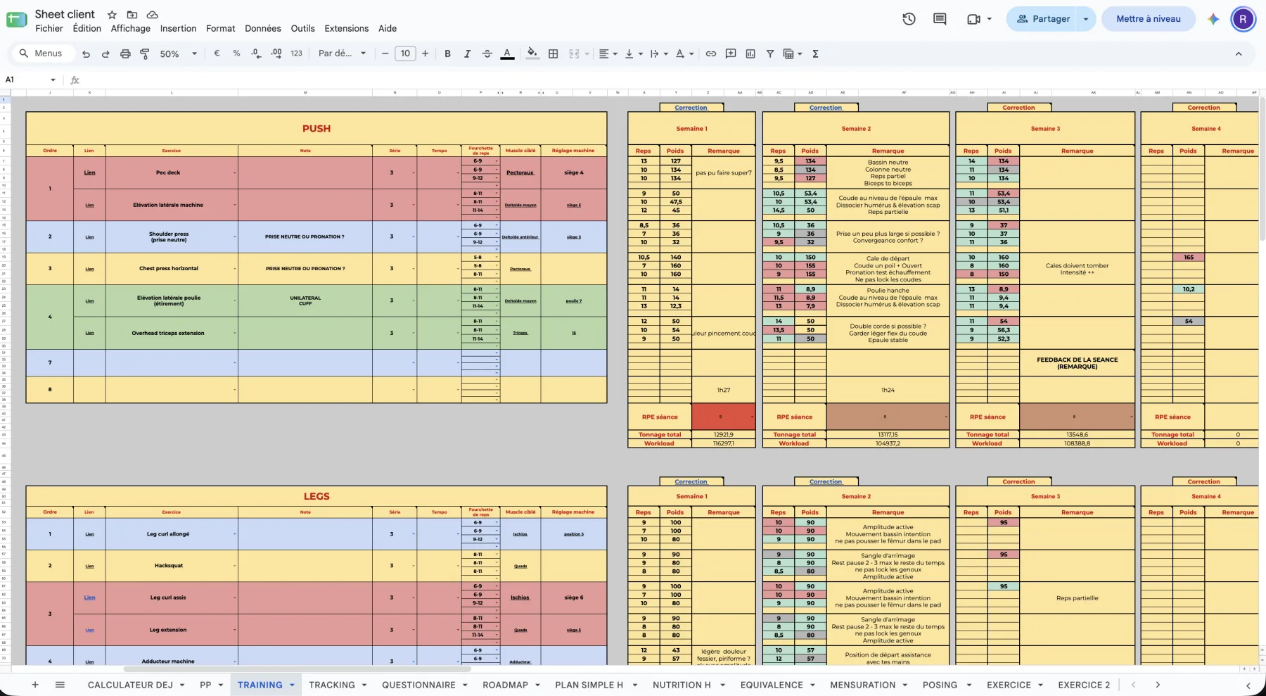 L'onglet TRAINING d'un Google Sheet de coach, semaine par semaine