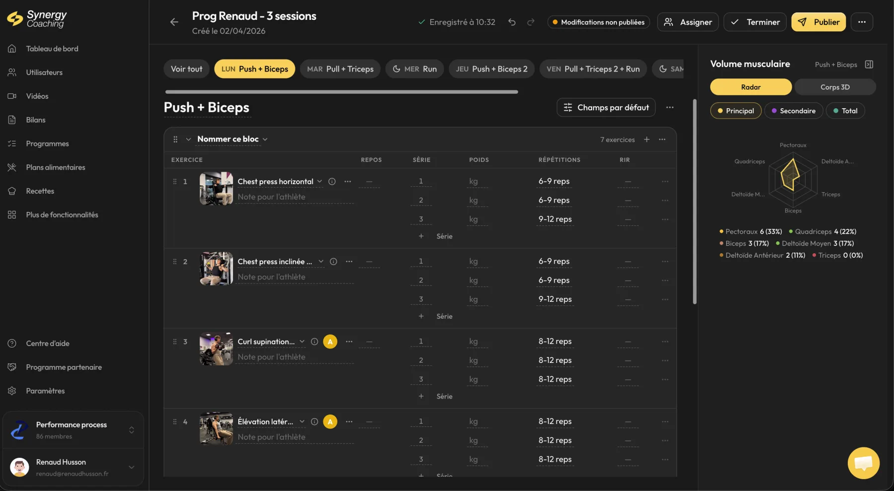 Le même programme dans Synergy, avec le volume musculaire calculé