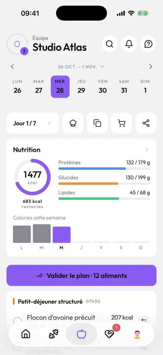 Journée nutrition dans l'app client, aux couleurs violettes du coach