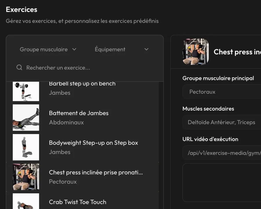 Bibliothèque d'exercices Synergy : liste d'exercices filmés, groupe musculaire et vidéo d'exécution