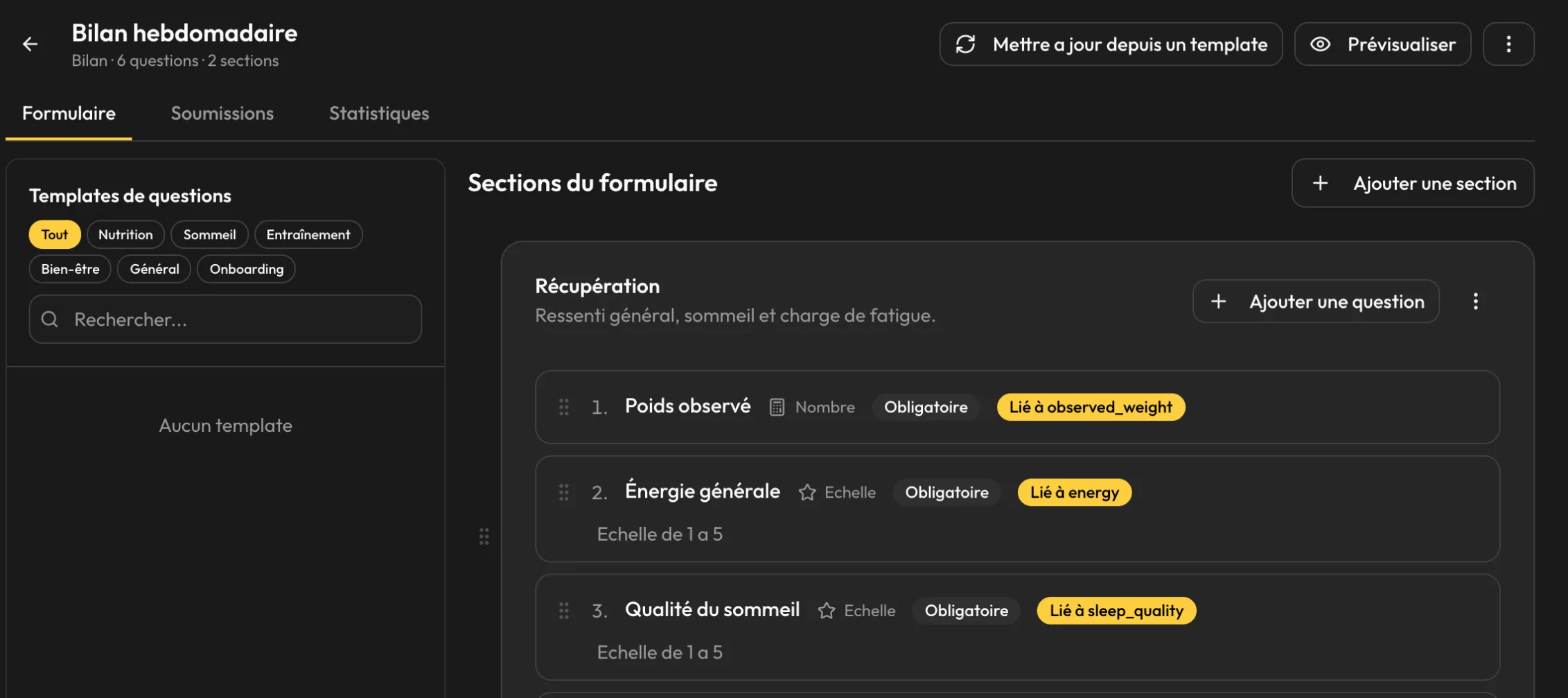 Éditeur de questionnaire côté coach : modèles de questions et sections du bilan