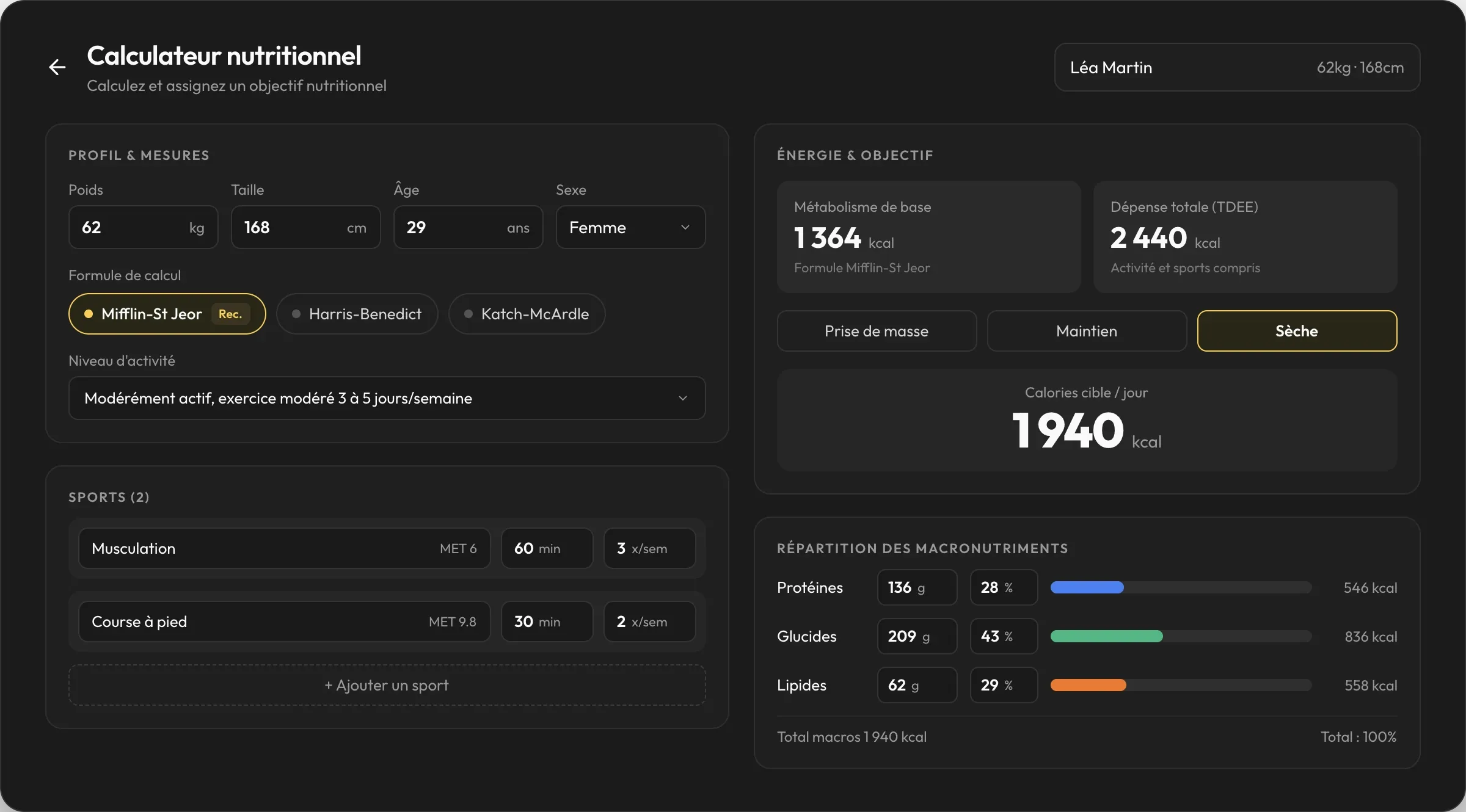 Calculateur nutritionnel côté coach : profil, sports, métabolisme de base, dépense totale et répartition des macros