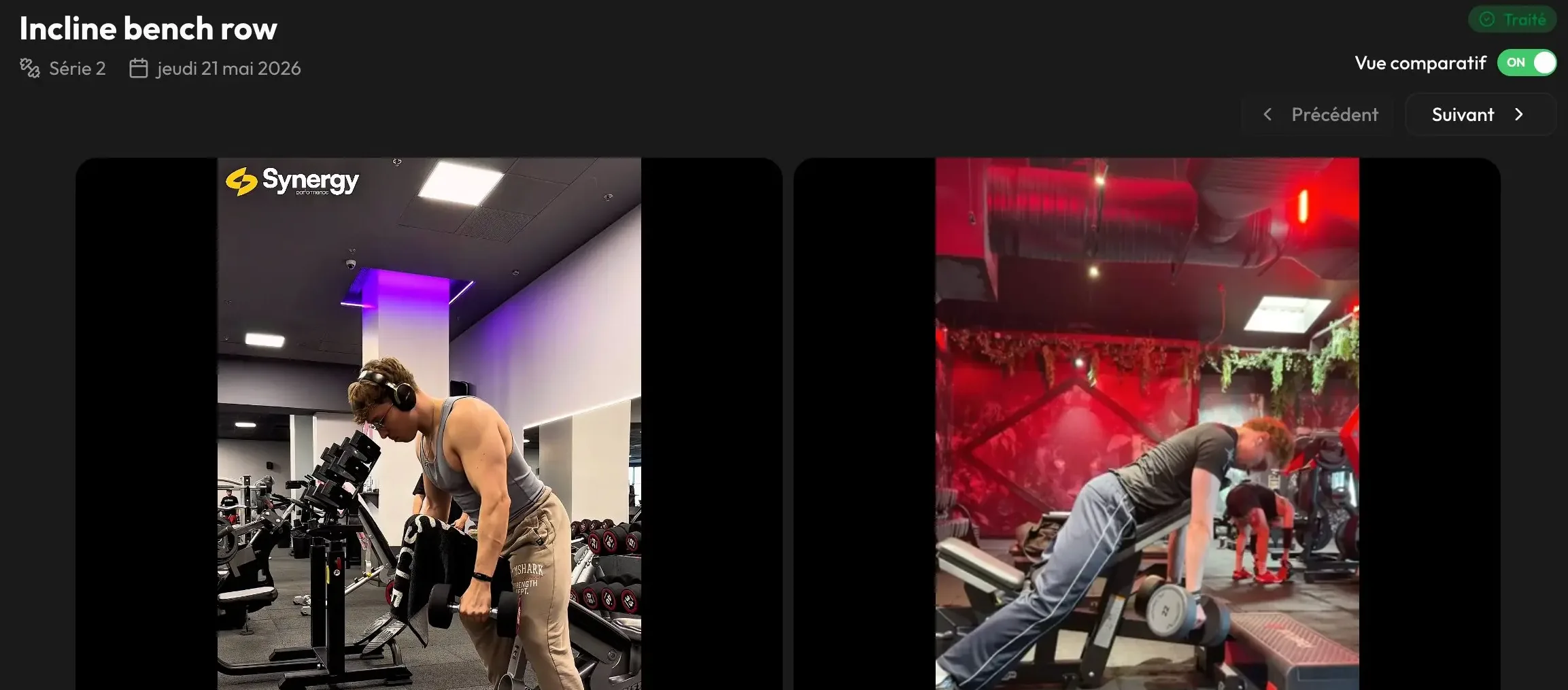 Correction d'exécution dans Synergy : deux vidéos d'une même série en vue comparative