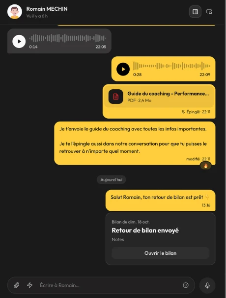 Conversation coach et client : vocaux, PDF épinglé, réponses et retour de bilan