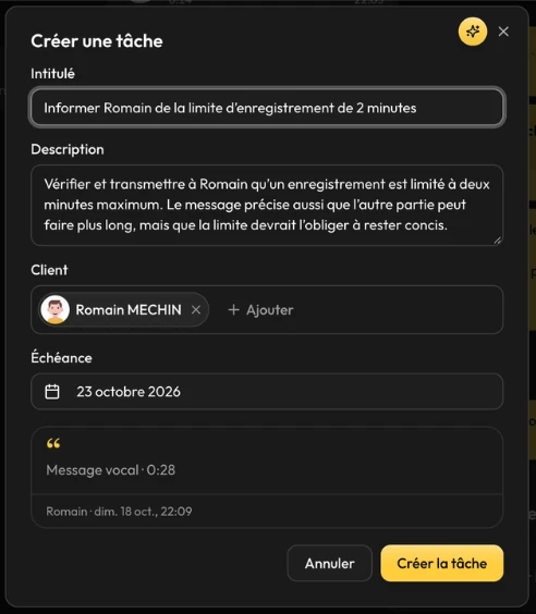 Créer une tâche depuis un vocal : l'IA propose l'intitulé et la description