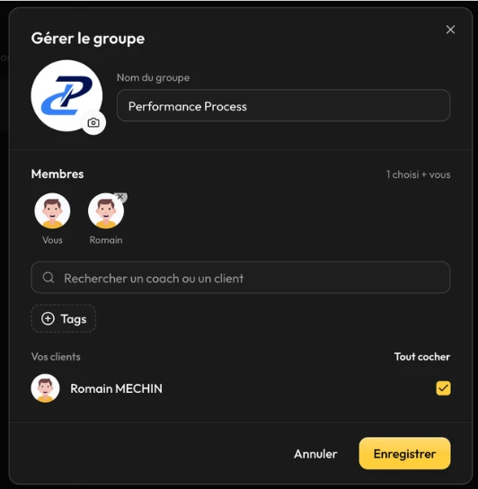 Gérer un groupe : nom, photo, membres coachs et clients