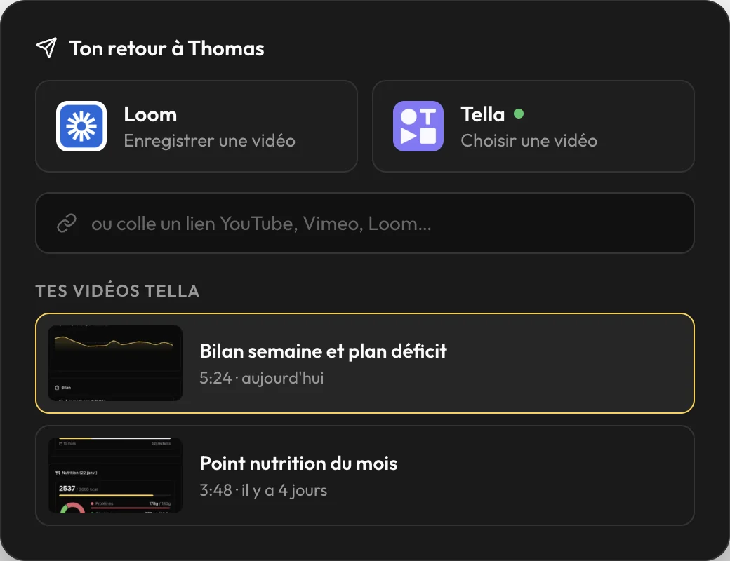 Choix de l'outil vidéo dans le retour de bilan : enregistrer avec Loom ou choisir une vidéo Tella