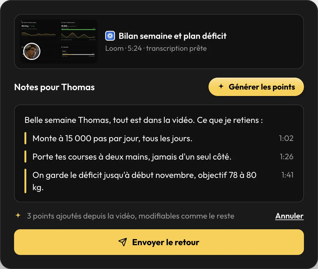 Points tirés de la vidéo ajoutés aux notes du coach avec leur minute, avant l'envoi du retour