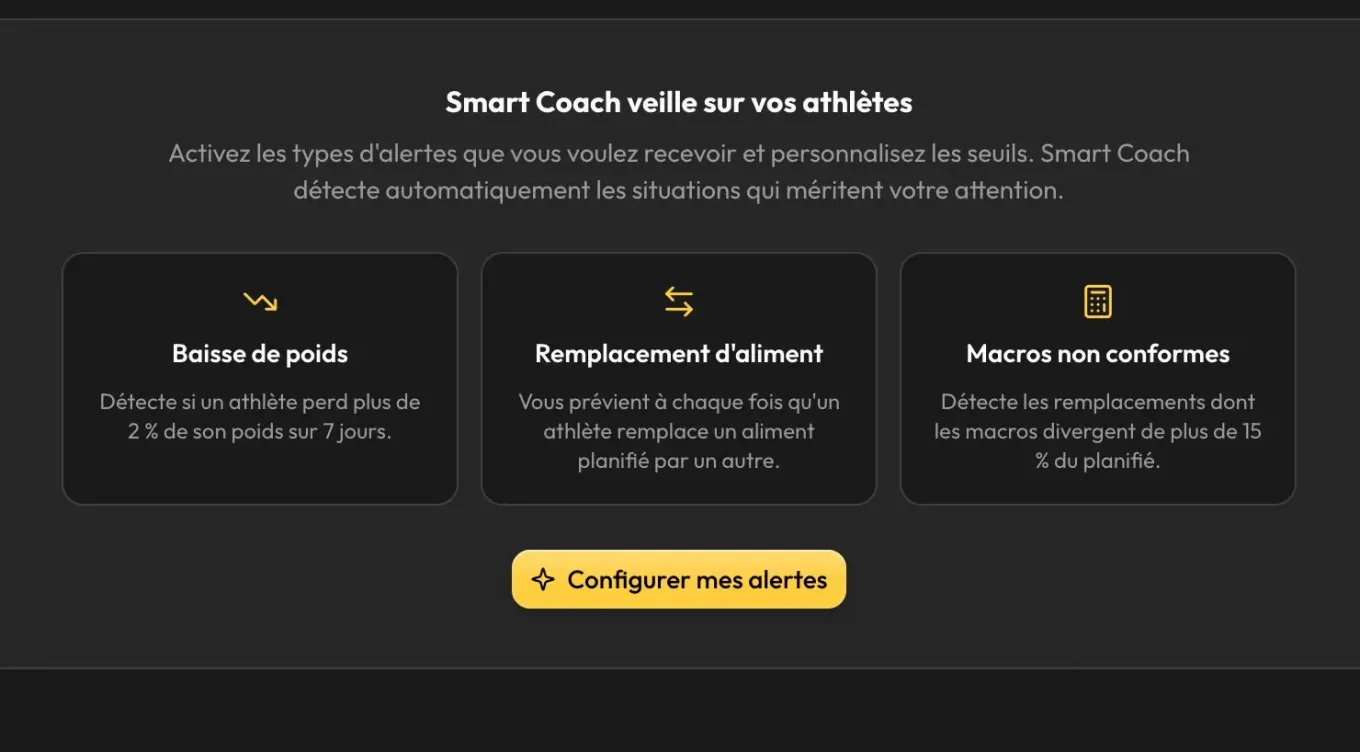 Les trois types d'alertes Smart Coach : baisse de poids, remplacement d'aliment, macros non conformes