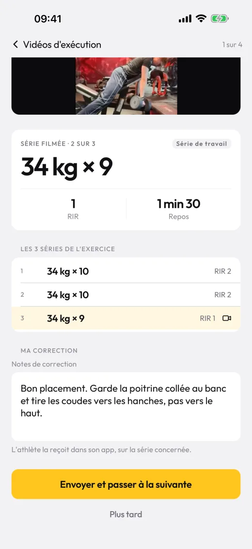 Correction d'une vidéo d'exécution dans Synergy Pro : la série filmée et la note du coach