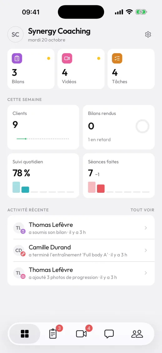 Synergy Pro sur iPhone : l'accueil du jour avec les bilans, les vidéos et les tâches