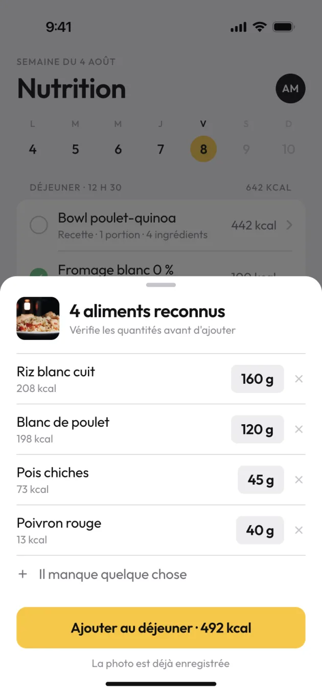 Aliments reconnus par l'IA à partir d'une photo d'assiette