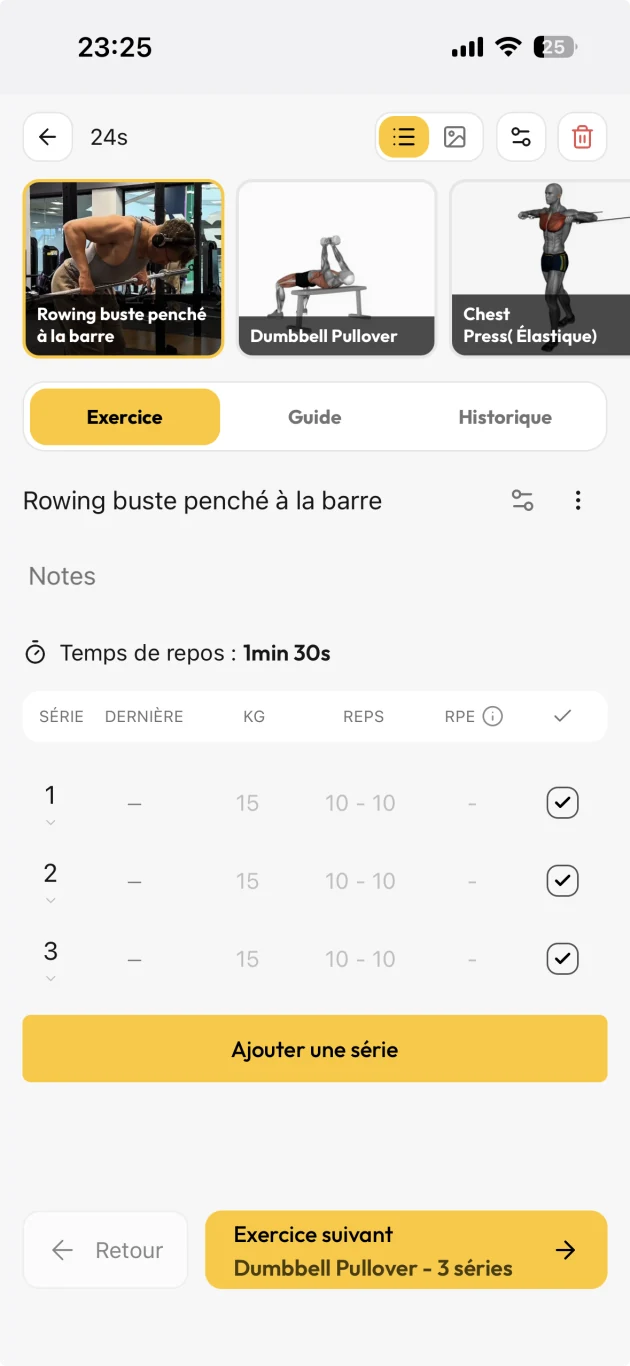 Séance en cours dans l'app client : exercice, temps de repos et séries à valider