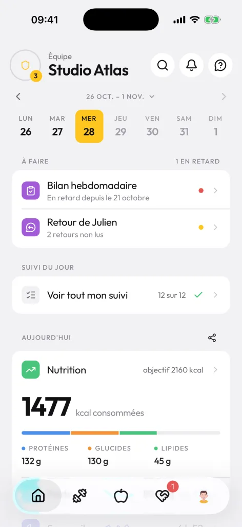 Accueil de l'app : bilan à faire, retour du coach et nutrition du jour