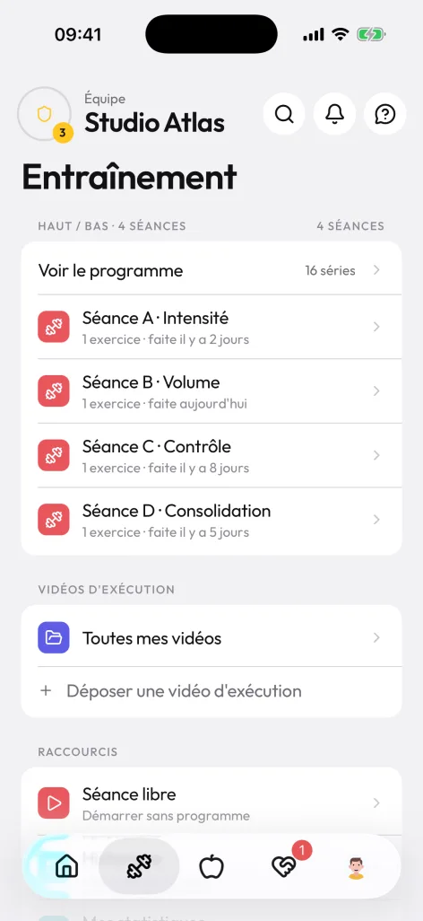 Programme d'entraînement avec ses séances de la semaine
