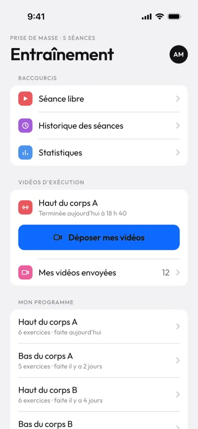 Écran Entraînement de l'app client, à la couleur bleue du coach