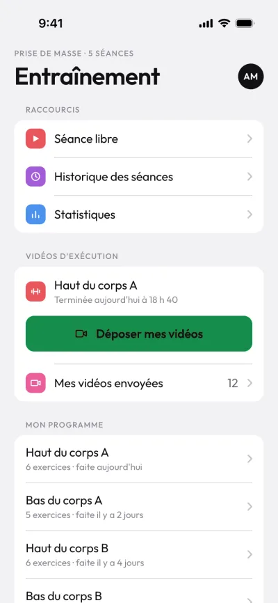 Écran Entraînement de l'app client, à la couleur verte du coach