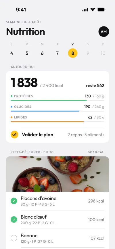 Écran Nutrition de l'app client : le plan et les macros du jour