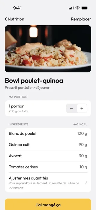 Une recette prescrite dans l'app du client, avec ses ingrédients et sa portion