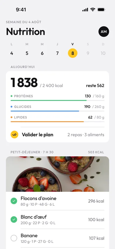La journée nutrition du client dans son app : calories, macros et repas